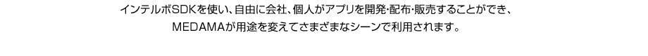 インテルボSDKを使い、自由に会社、個人がアプリを開発・配布・販売することができ、MEDAMAが用途を変えてさまざまなシーンで利用されます。